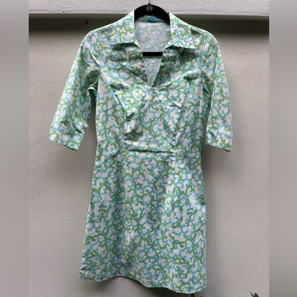 J.McLaughlin Size 0 Green & Blue Print Stretch Shirt Dress Retro Mod Style